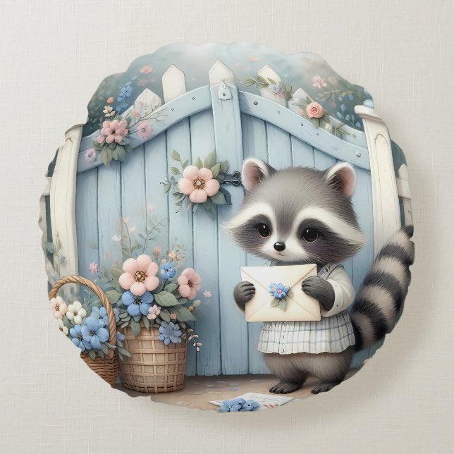 Pastel Raccoon Letter Garden Round Pillow (Front)