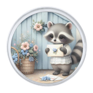 Pastel Raccoon Letter Garden Silver Finish Lapel Pin