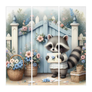 Pastel Raccoon Letter Garden Triptych