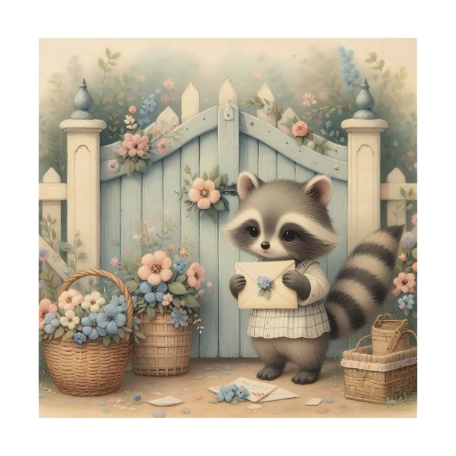 Pastel Raccoon Letter Garden Wood Wall Art (Front)