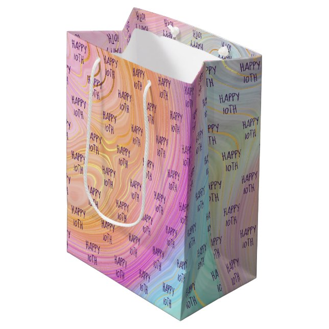 Pastel Rainbow 10th Birthday Medium Gift Bag (Front Angled)
