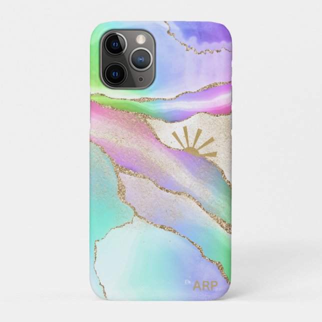 *~* Pastel Rainbow Agate Sun Rays Gold Star Dust Case-Mate iPhone Case (Back)