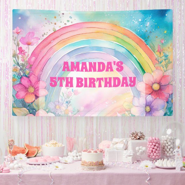 Pastel Rainbow and Flowers Retro Birthday Banner (Party)
