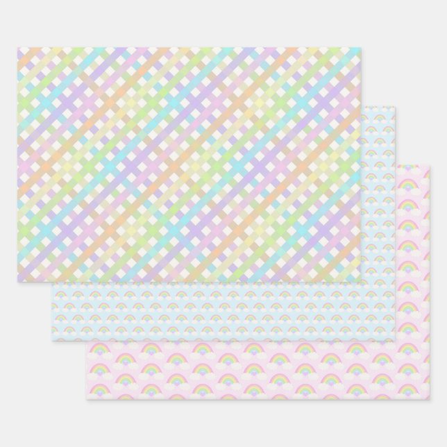 Pastel Rainbow and Gingham Plaid Wrapping Paper Sheets (Set)