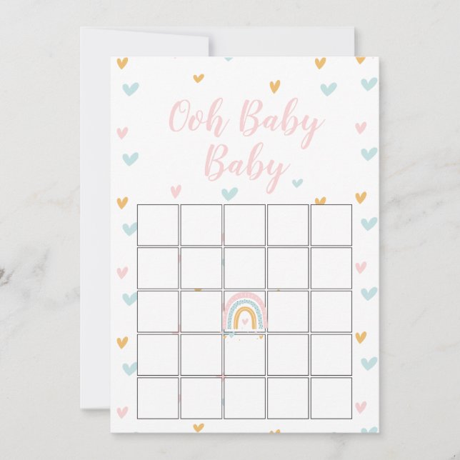 Pastel Rainbow and Hearts Baby Shower Bingo Card (Front)