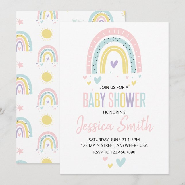pastel rainbow and hearts baby shower invite (Front/Back)