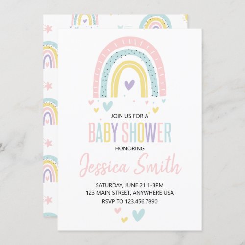 pastel rainbow and hearts baby shower invite