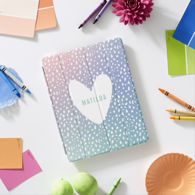 Pastel rainbow and polka dot heart personalized iPad smart cover (In Situ)