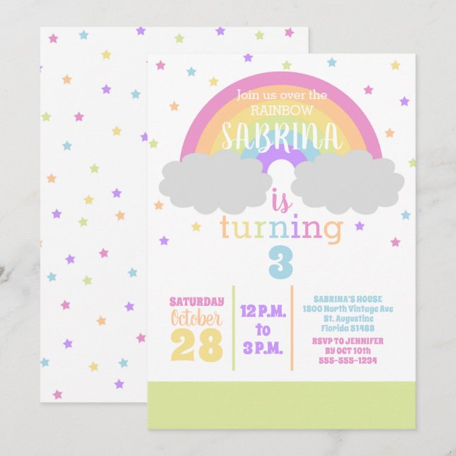 Pastel Rainbow and Stars Birthday Party Invitation (Front/Back)