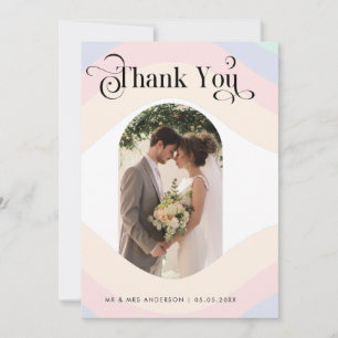 Pastel Rainbow Arch Photo & Retro Script Wedding Thank You Card