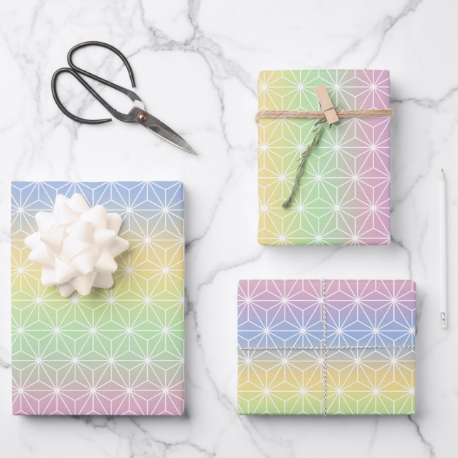 Pastel Rainbow Asanoha Geometric Pattern Wrapping Paper Sheets (Front)