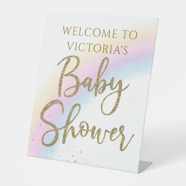 Pastel Rainbow Baby Shower Table Welcome Table Pedestal Sign (Front)