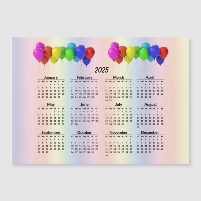 Pastel Rainbow Balloon 2025 Calendar Magnetic Card