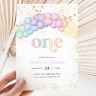 Pastel Rainbow Balloon Arch 1st Birthday Party Invitation