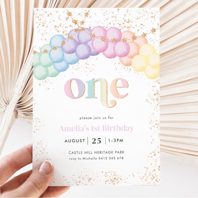 Pastel Rainbow Balloon Arch 1st Birthday Party Invitation (Creator Uploaded)