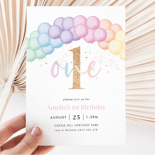 Pastel Rainbow Balloon Arch 1st Birthday Party Invitation