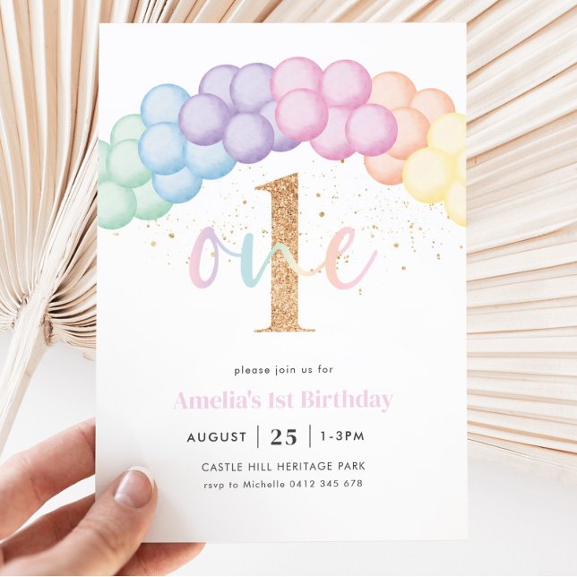 Pastel Rainbow Balloon Arch 1st Birthday Party Invitation (Creator Uploaded)