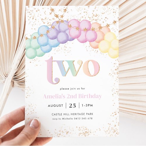 Pastel Rainbow Balloon Arch 2nd Birthday Party Invitation
