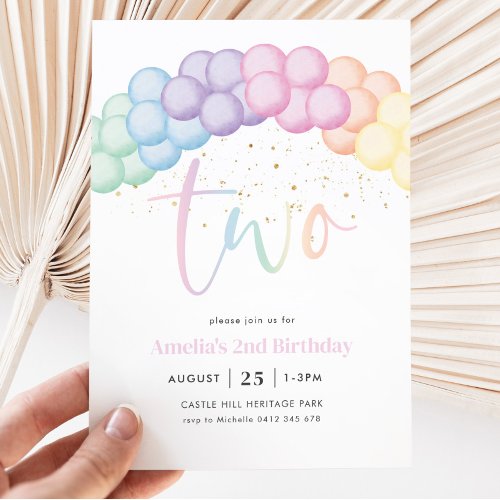 Pastel Rainbow Balloon Arch 2nd Birthday Party Invitation