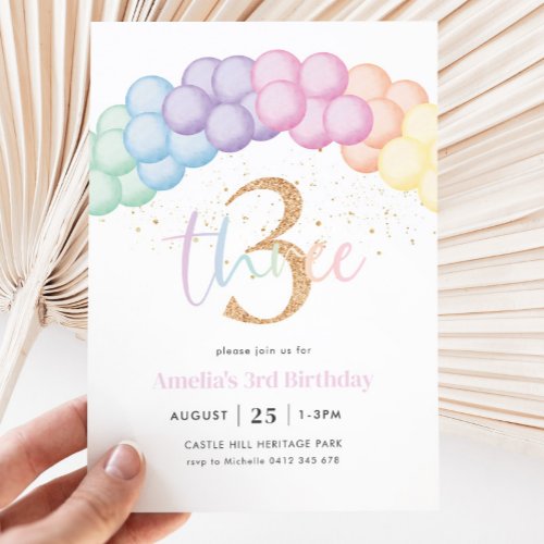Pastel Rainbow Balloon Arch 3rd Birthday Party Invitation