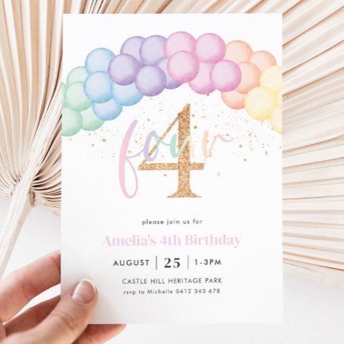Pastel Rainbow Balloon Arch 4th Birthday Party Invitation