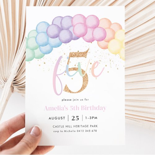 Pastel Rainbow Balloon Arch 5th Birthday Party Invitation