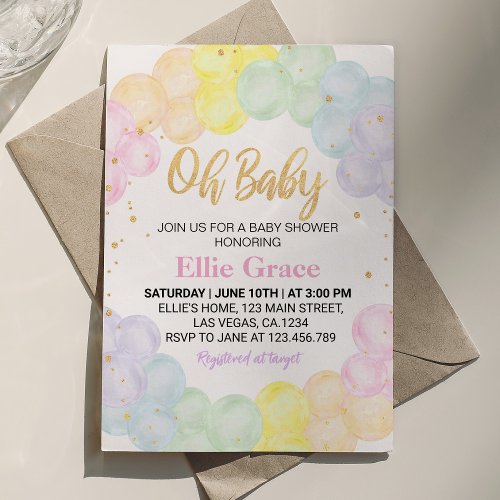 Pastel Rainbow Balloon Baby Shower Invitation