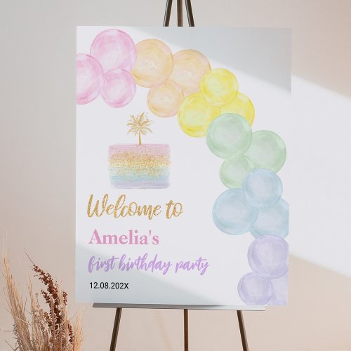 Pastel Rainbow Balloon Birthday Party Welcome Sign