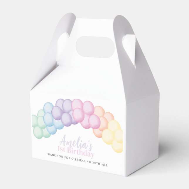 Pastel Rainbow Balloon Garland 1st Birthday Party Favor Boxes (Front Side)