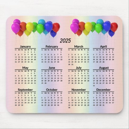 Pastel Rainbow Balloons 2025 Calendar Mousepad