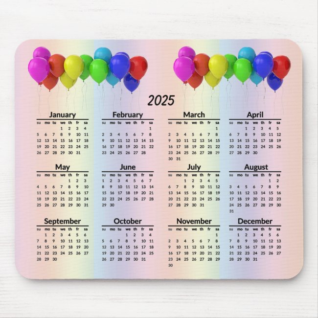 Pastel Rainbow Balloons 2025 Calendar Mousepad