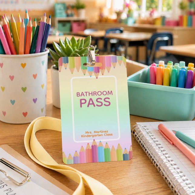 Pastel Rainbow Bathroom Pass Badge for Teachers (Classroom Bathroom Pass)