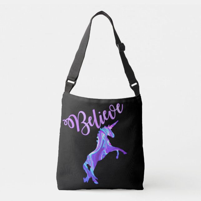 Pastel Rainbow Believe In Unicorns Crossbody Bag (Front)