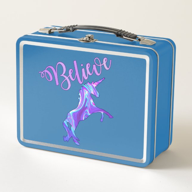 Pastel Rainbow Believe In Unicorns Metal Lunch Box (Front)