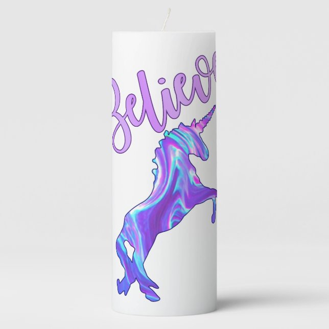 Pastel Rainbow Believe In Unicorns Pillar Candle (Front)