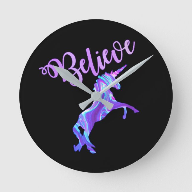 Pastel Rainbow Believe In Unicorns Round Clock (Front)