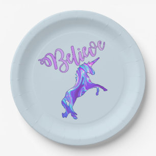 Pastel Rainbow Believe Unicorn Paper Plates