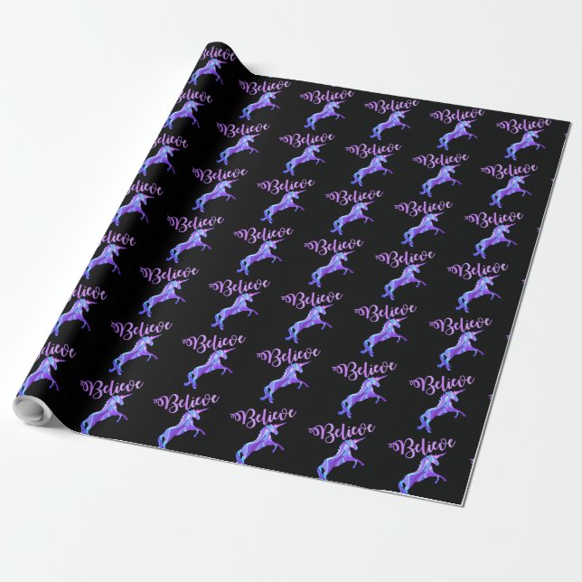 Pastel Rainbow Believe Unicorn Wrapping Paper (Unrolled)