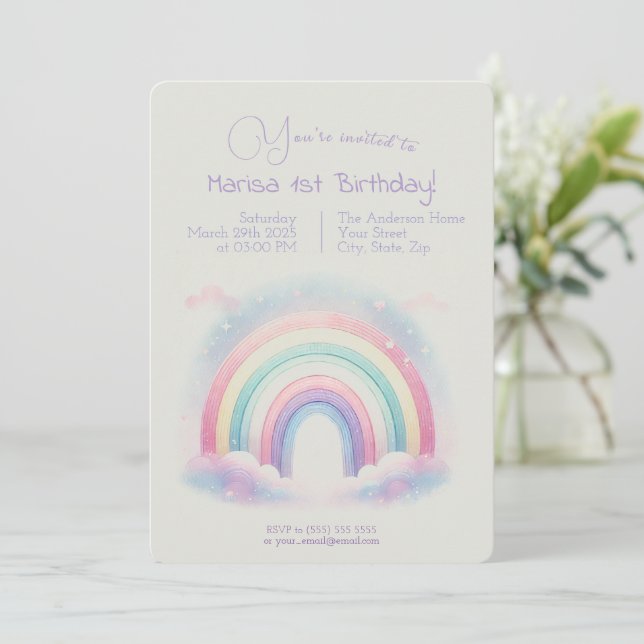 Pastel Rainbow Birthday Invitation - Party Invite (Standing Front)