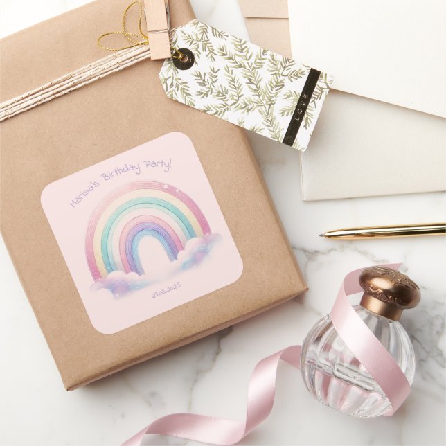 Pastel Rainbow Birthday Party Square Stickers (Gifting)