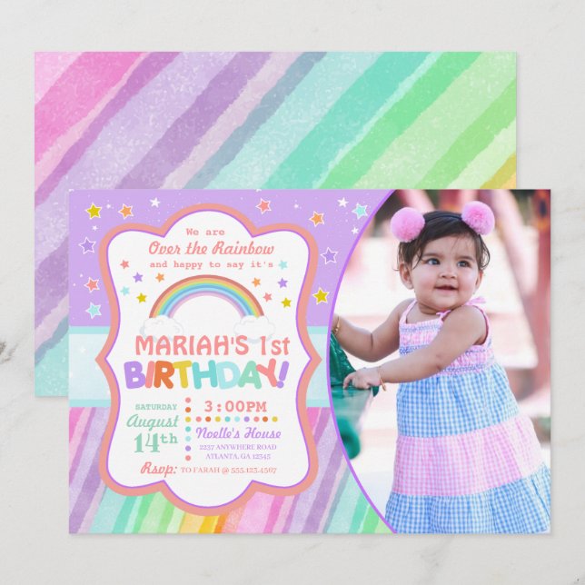 Pastel Rainbow Birthday Photo Invitation (Front/Back)
