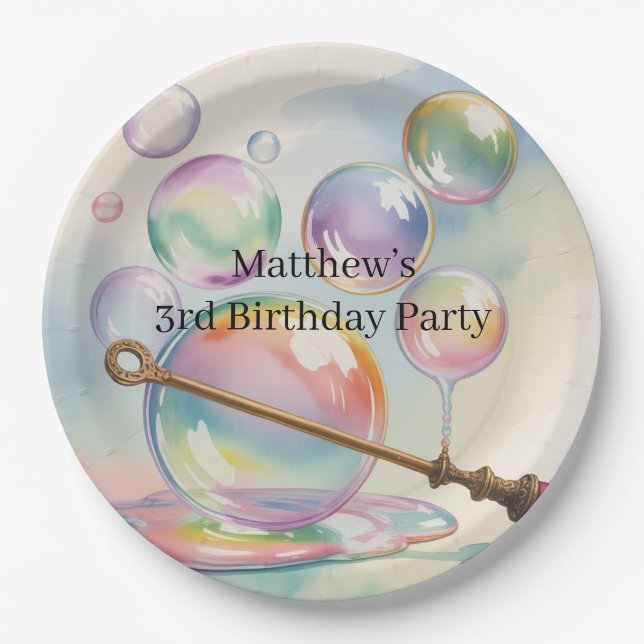 Pastel Rainbow Bubbles Birthday Party Paper Plates (Front)