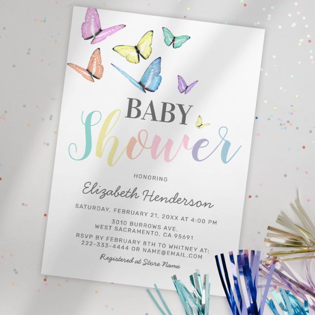 Pastel Rainbow Butterflies Baby Shower Invitation