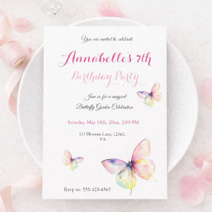 Pastel Rainbow Butterfly 7th Birthday for Girls Invitation