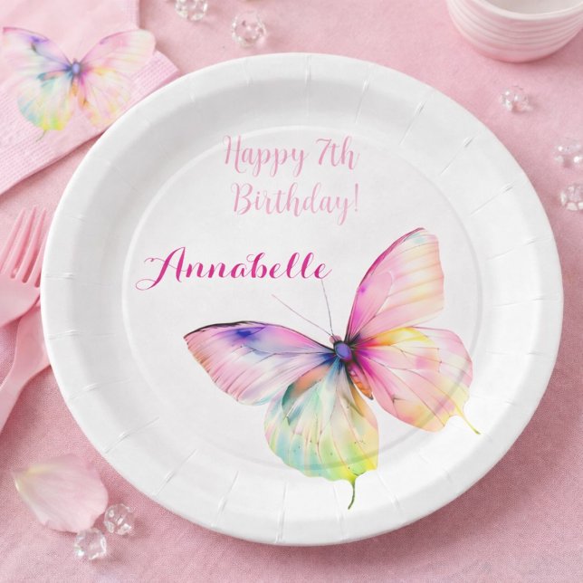 Pastel Rainbow Butterfly 7th Birthday Party Paper Plates (Creator Uploaded)