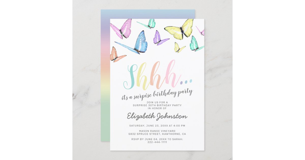 Pastel Rainbow Butterlfies Surprise Birthday Party Invitation | Zazzle