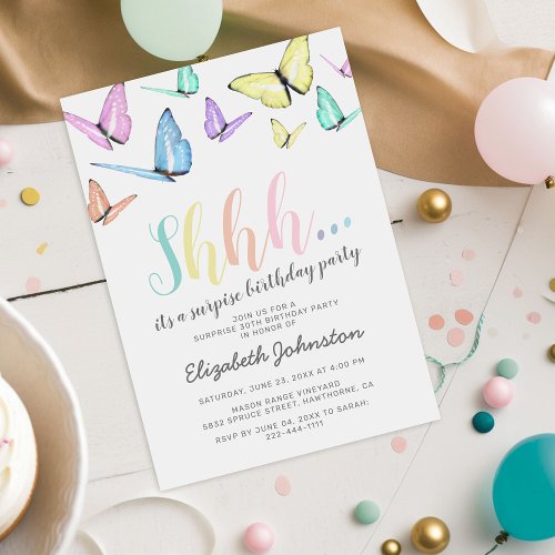 Pastel Rainbow Butterlfies Surprise Birthday Party Invitation