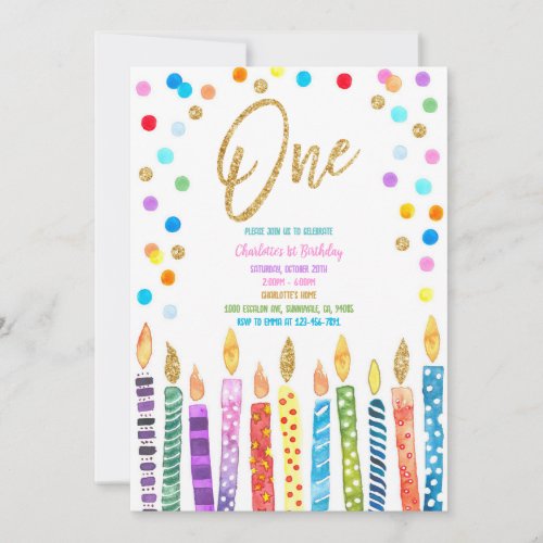 Pastel Rainbow Candle Confetti 1st Birthday Invitation