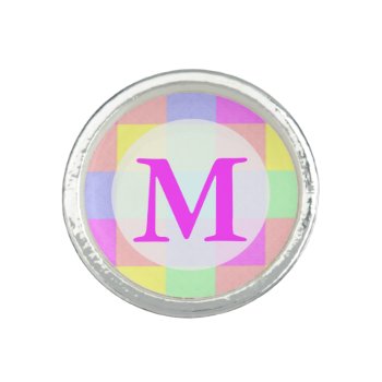 Pastel Rainbow Checkered Monogram Ring by FancyCelebration at Zazzle