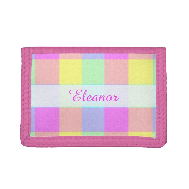 Pastel Rainbow Checkered | Personalized Name Tri-fold Wallet (Front)